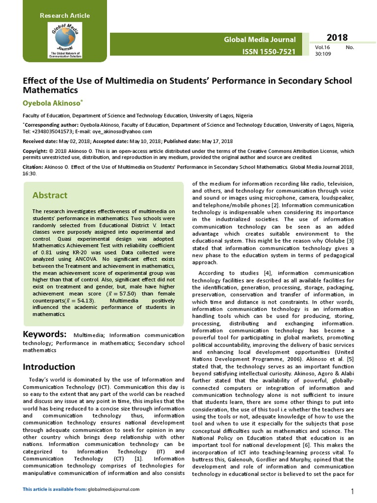 Effect of The Use of Multimedia On Students Performance in Secondary ...