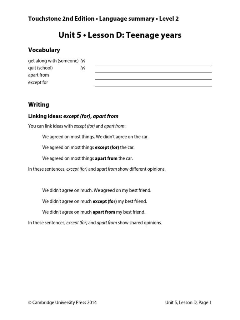 Unit 5 - Lesson D: Teenage Years: Touchstone 2nd Edition - Language ...