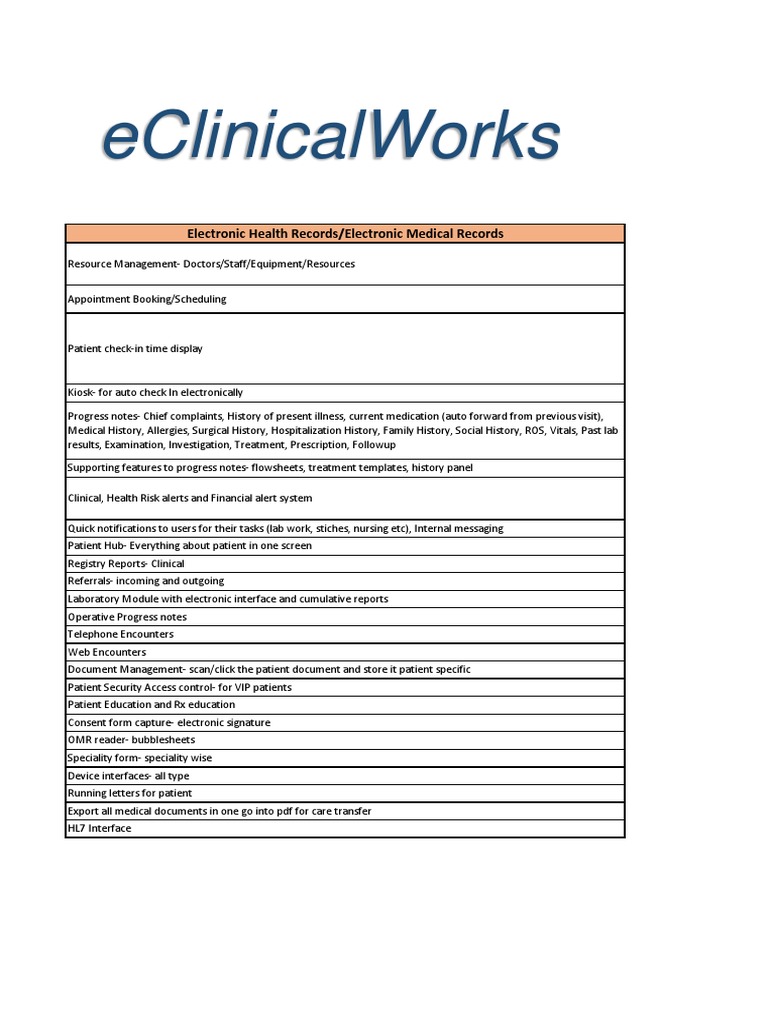 Eclinicalworks Electronic Health Records/Electronic Medical Records