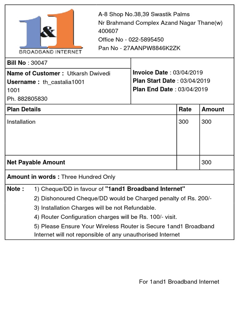 1and1 Broadband Invoice Details | PDF