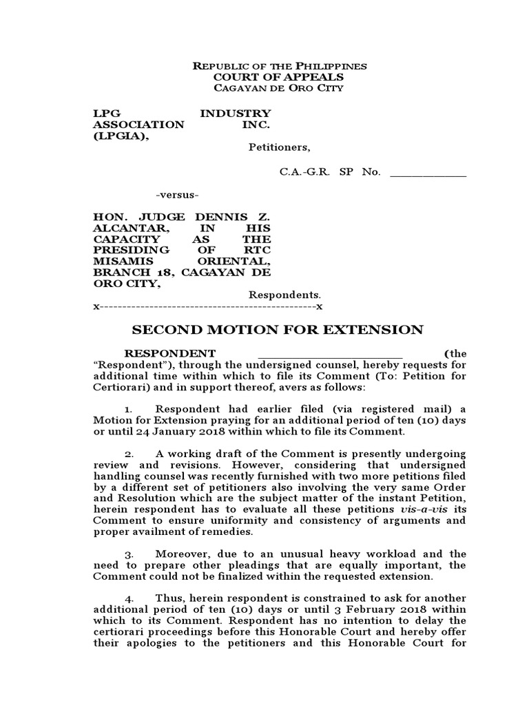 2nd Motion For Extension Template | PDF | Certiorari | Legal Procedure