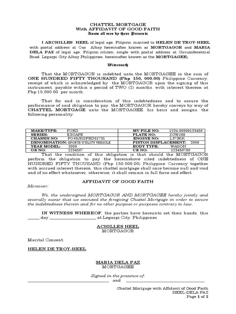 CHATTEL MORTGAGE With AFFIDAVIT OF GOOD PDF Mortgage Law Property
