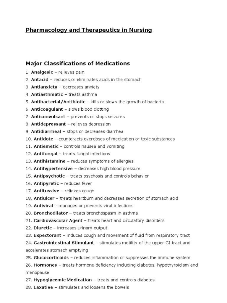Major Classifications of Medications PDF