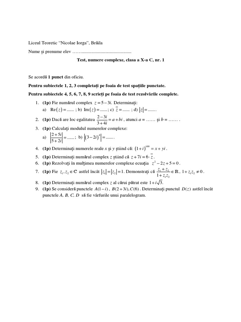 Test Numere Complexe 10.11.2014 PDF | PDF
