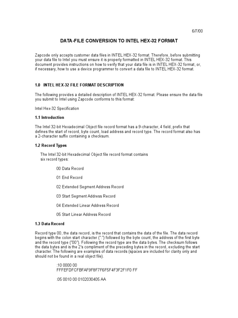 Convert Data to Intel HEX-32 Format | PDF | File Format | Byte