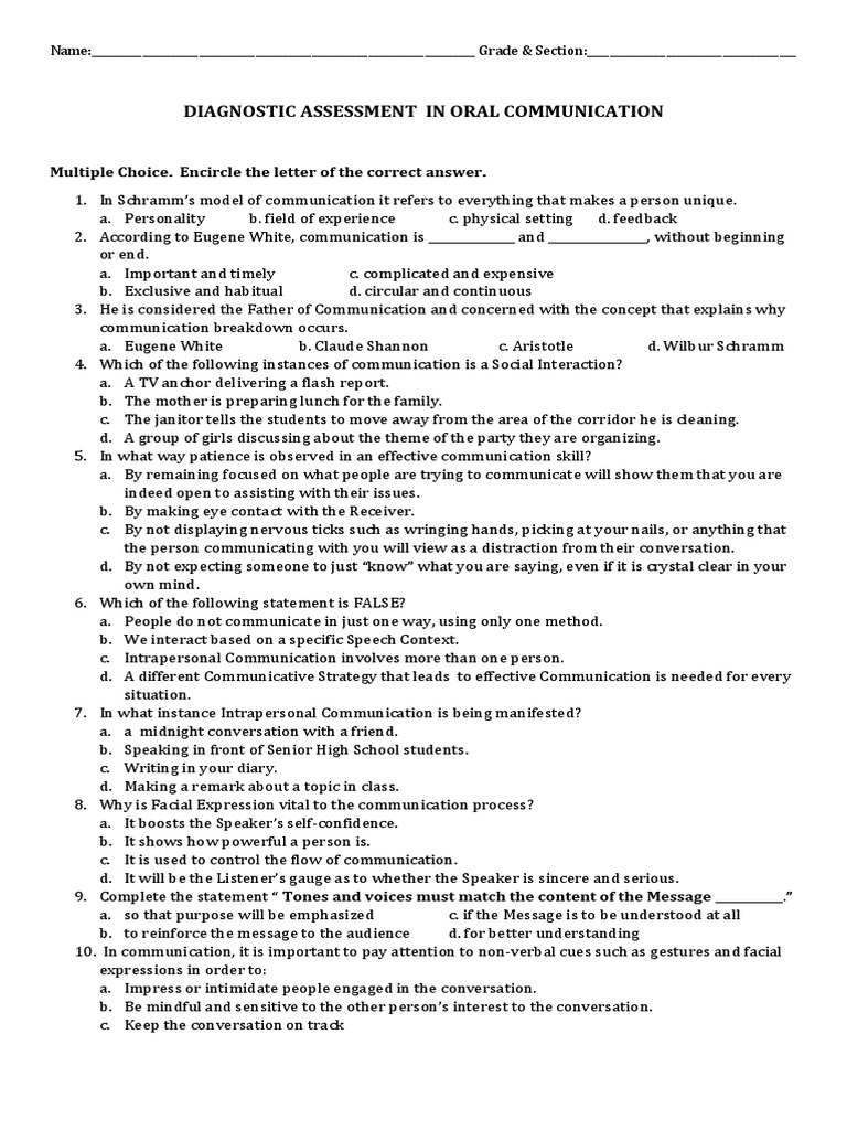 Oral Communication Diagnostic Assessment | PDF | Nonverbal ...