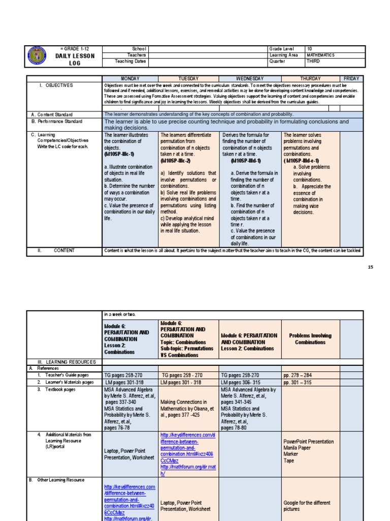 Grade 10 Combinations Lesson Plan | PDF | Learning | Curriculum