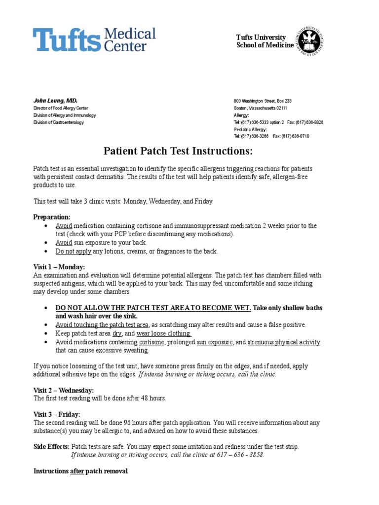 Patient Patch Test Instructions | PDF | Allergy | Skin