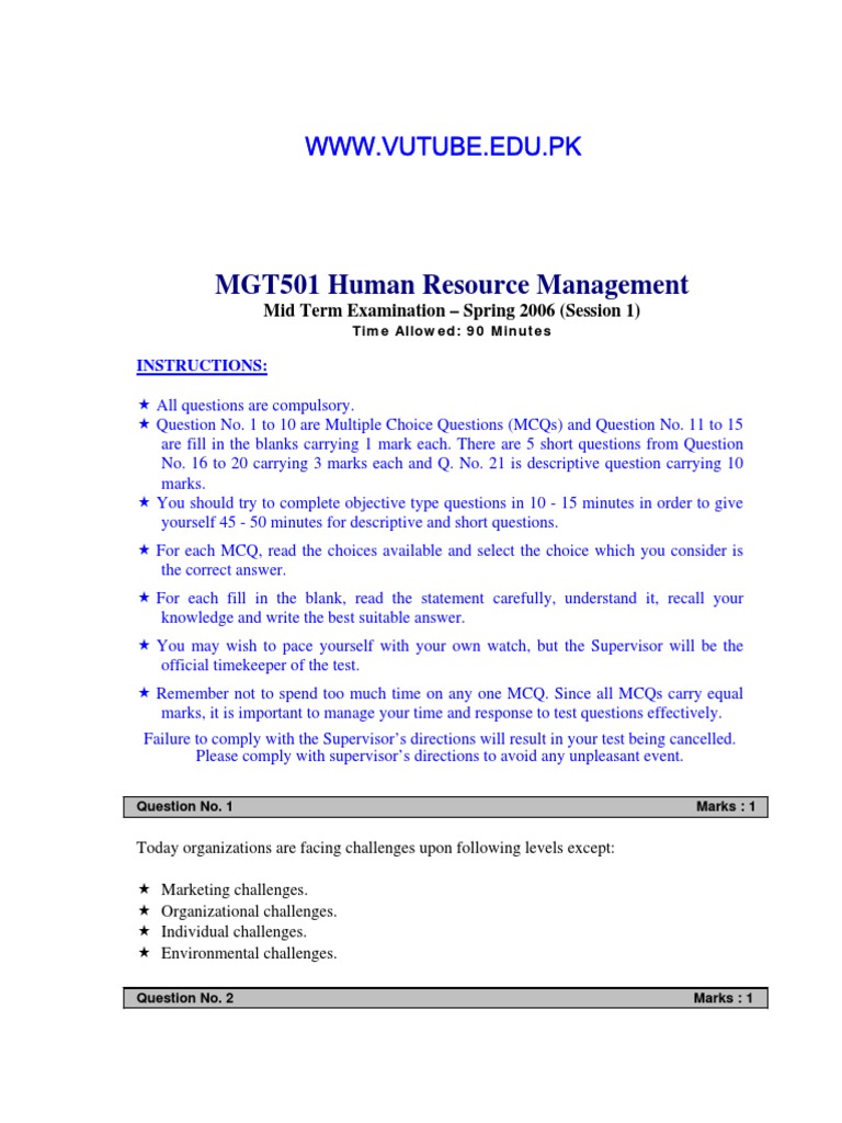Human Resource Management - MGT501 Spring 2006 Mid Term Paper 1 PDF ...
