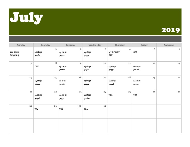 July 2019 Calendar Overview | PDF
