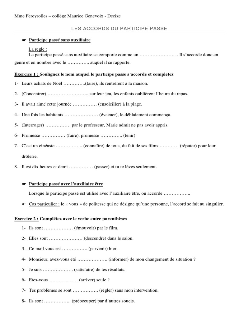 Exercices Accord Participe Passé 6ème à Imprimer 0.les Accords Du Participe Passe11 PDF | PDF | Sujet (Grammaire) |  Complément d'objet