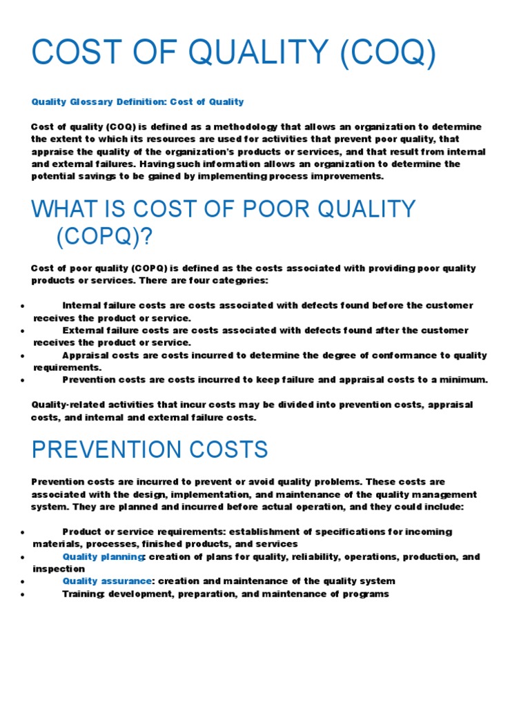 Cost of Quality (Coq) Real Estate Appraisal Reliability Engineering