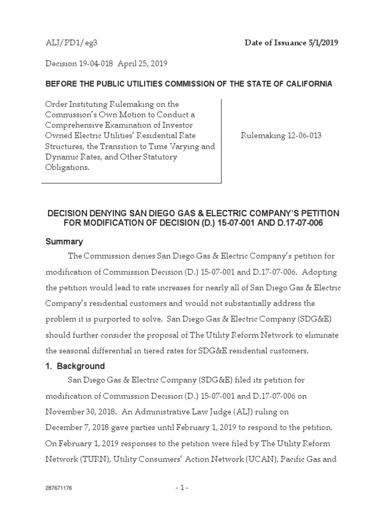 CPUC Turns Down SDGE Request About Eliminating High Usage Charge