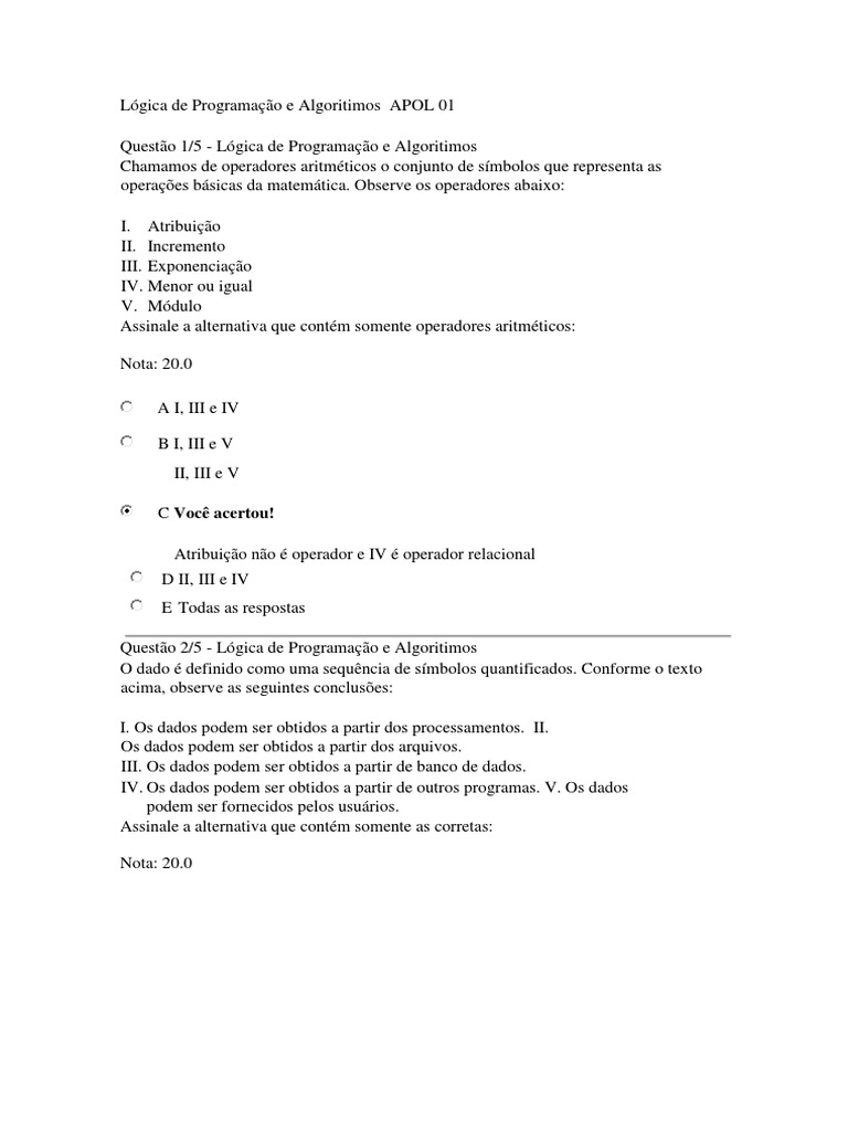 Prova de Lógica de Programação e Algoritmos | PDF | Lógica | Dados