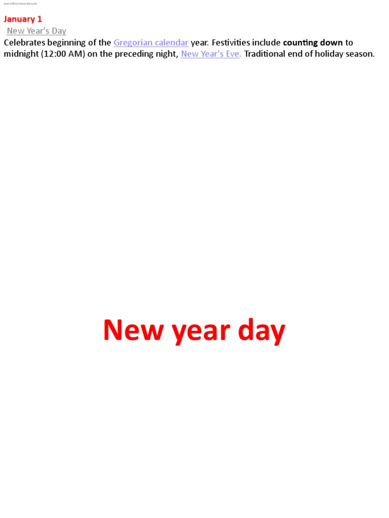 Gregorian Calendar New Year's Eve PDF The United States Traditions