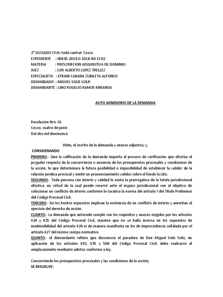 Auto Admisorio Civil | PDF | Ley procesal | Demanda judicial