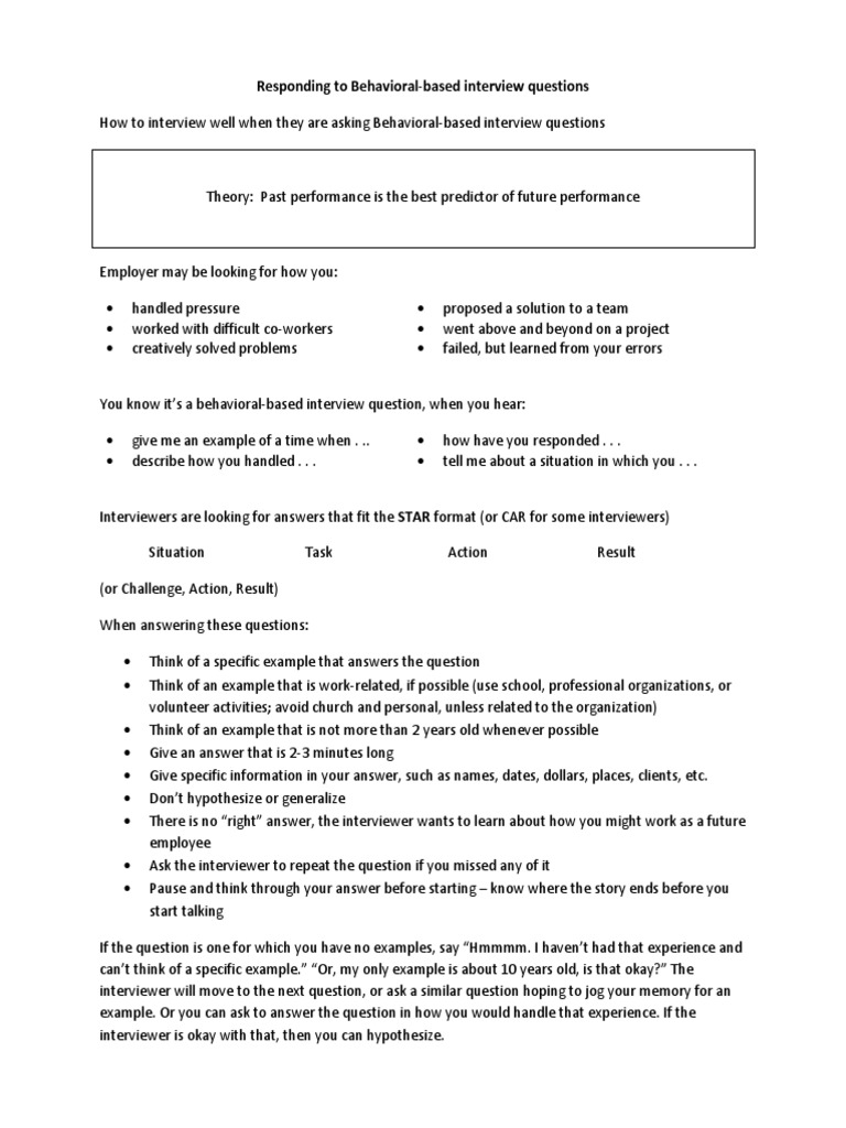 Responding To Behavioral-Based Interview Questions | PDF | Question ...