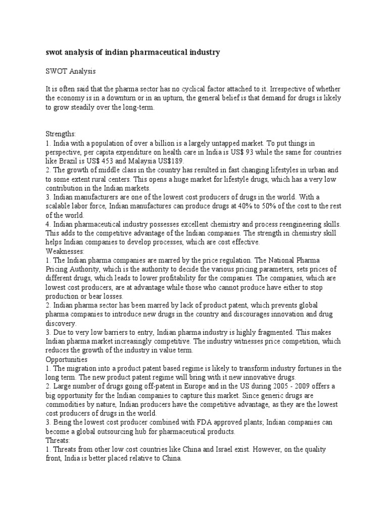 Swot Analysis Of Indian Pharmaceutical Industry