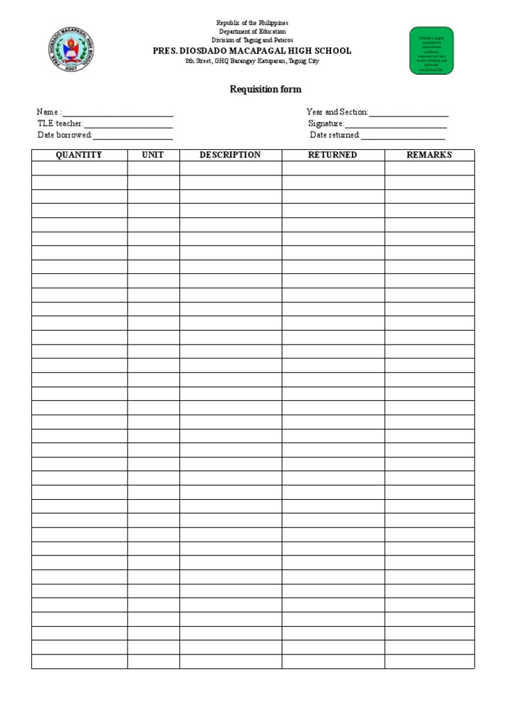 Pres. Diosdado Macapagal High School: Requisition Form | PDF