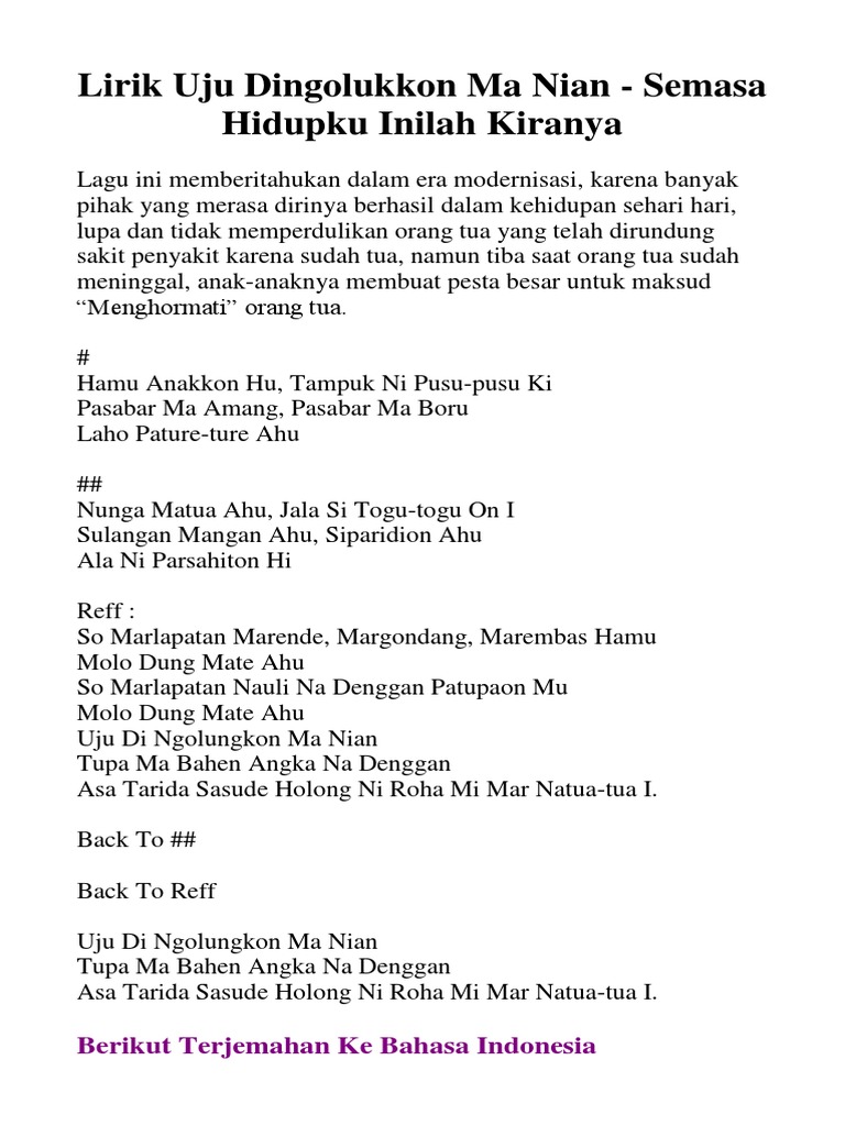 Lirik Uju Dingolukkon Ma Nian