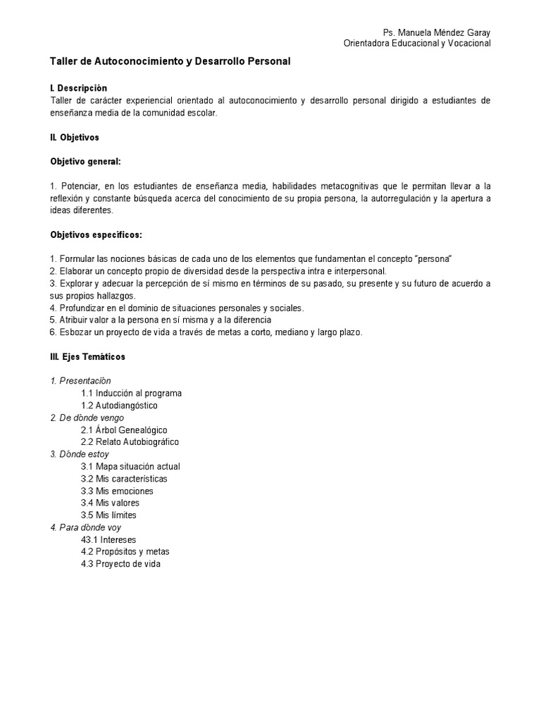 Taller de Autoconocimiento y Desarrollo Personal | PDF | Desarrollo ...
