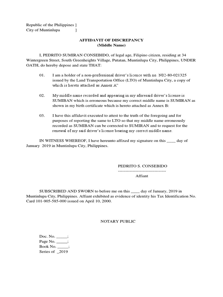 Affidavit Of Discrepancy For Name Correction Pdf 