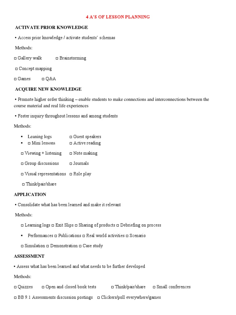 4 A's of Lesson Planning | PDF | Neuropsychology | Education Theory
