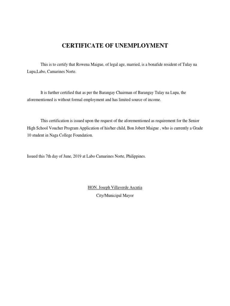 Municipal Unemployment Certificate Sample | PDF | Social Science | Wellness