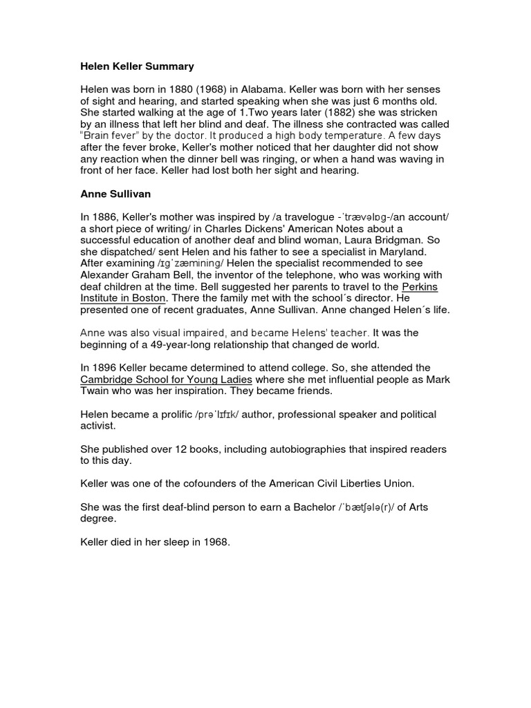 Helen Keller Summary | PDF | Helen Keller