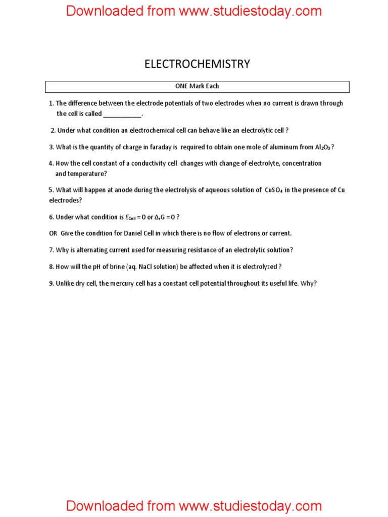 CBSE Class 12 Chemistry Electrochemistry Questions Answers PDF