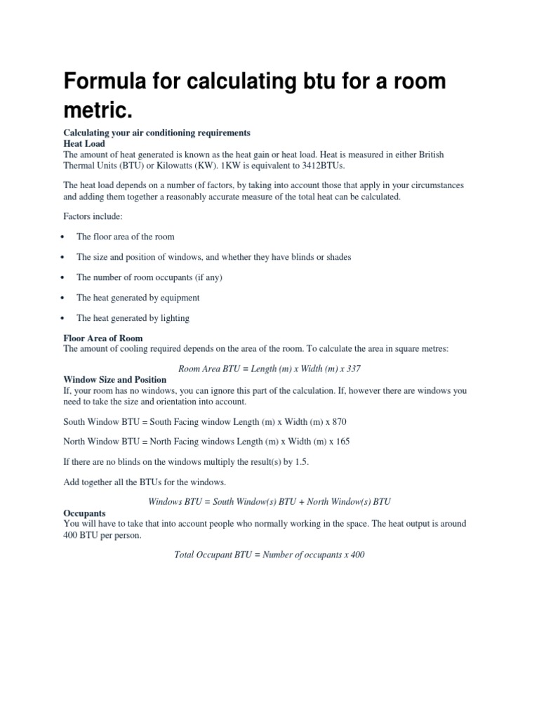 Formula For Calculating Btu For A Room Metric | PDF | British Thermal Unit  | Electric Power