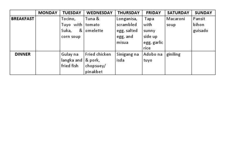 Monday Tuesday Wednesday Thursday Friday Saturday Sunday Breakfast ...