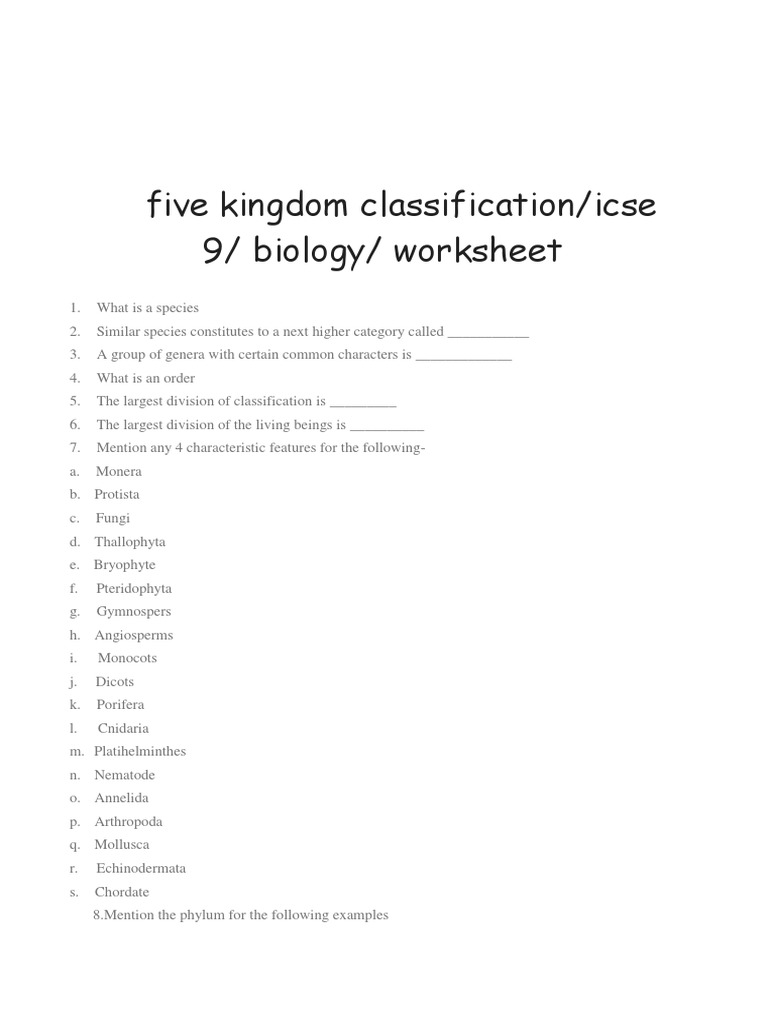 Five Kingdom Classification/icse 9/ Biology/ Worksheet: Siri's Corner | PDF  | Plants | Organisms, image size:768x1024