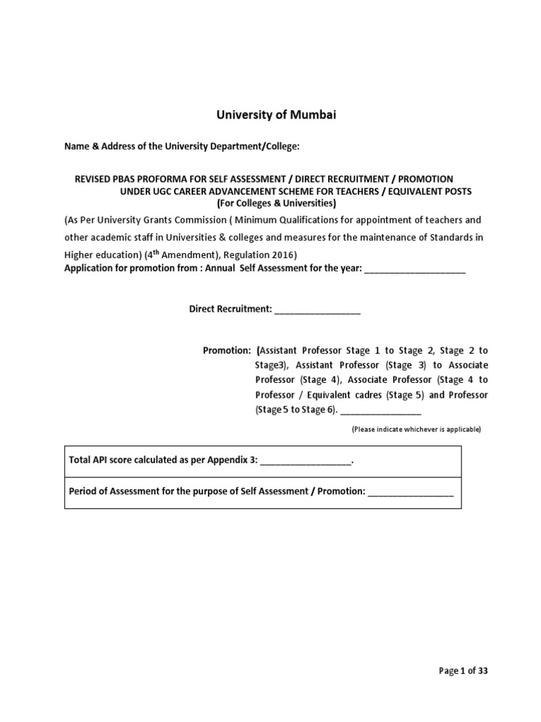 CAS Promotion Proforma for UGC Teachers | PDF | Lecture | Professor