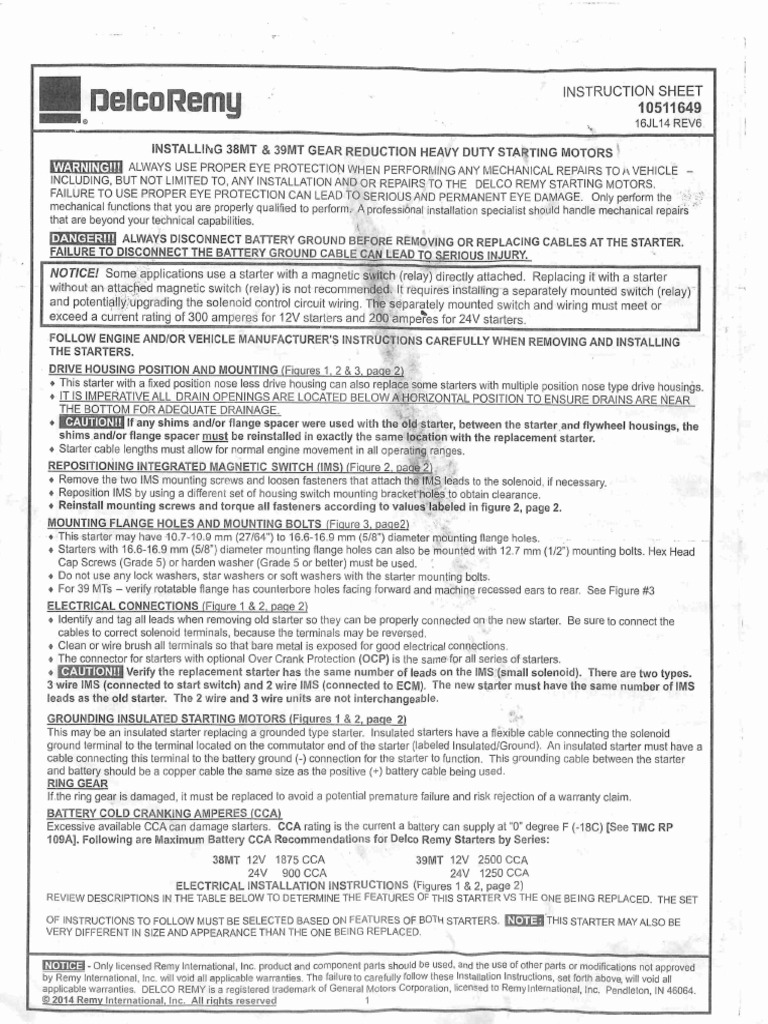 Delco Remy Starter Instruction Sheet PDF