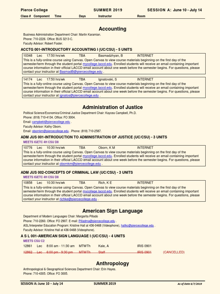 Lapc Schedule Of Classes Summer 2019 Session A English As A Second Or Foreign Language Academic Term