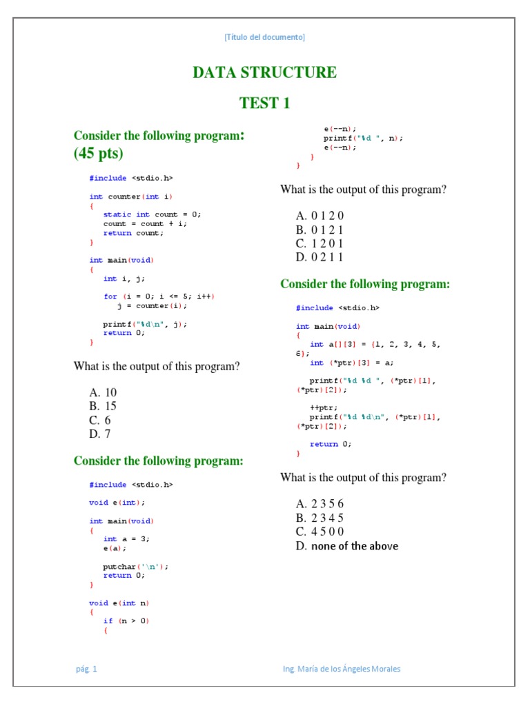 Data Structure Test 1: (45 PTS) : Consider The Following Program | PDF ...