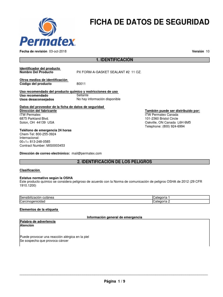 Permatex Gasket Nro2 MSDS Spanish PDF Solubilidad Administración de Seguridad y Salud