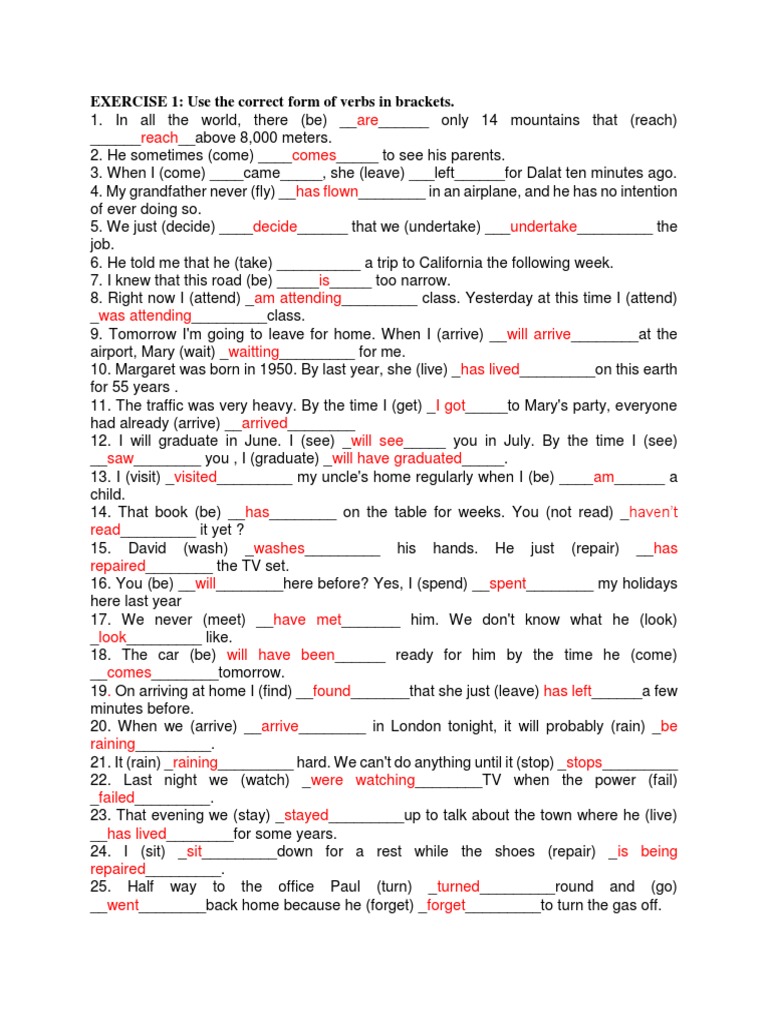 EXERCISE 1: Use The Correct Form of Verbs in Brackets | PDF | Language ...