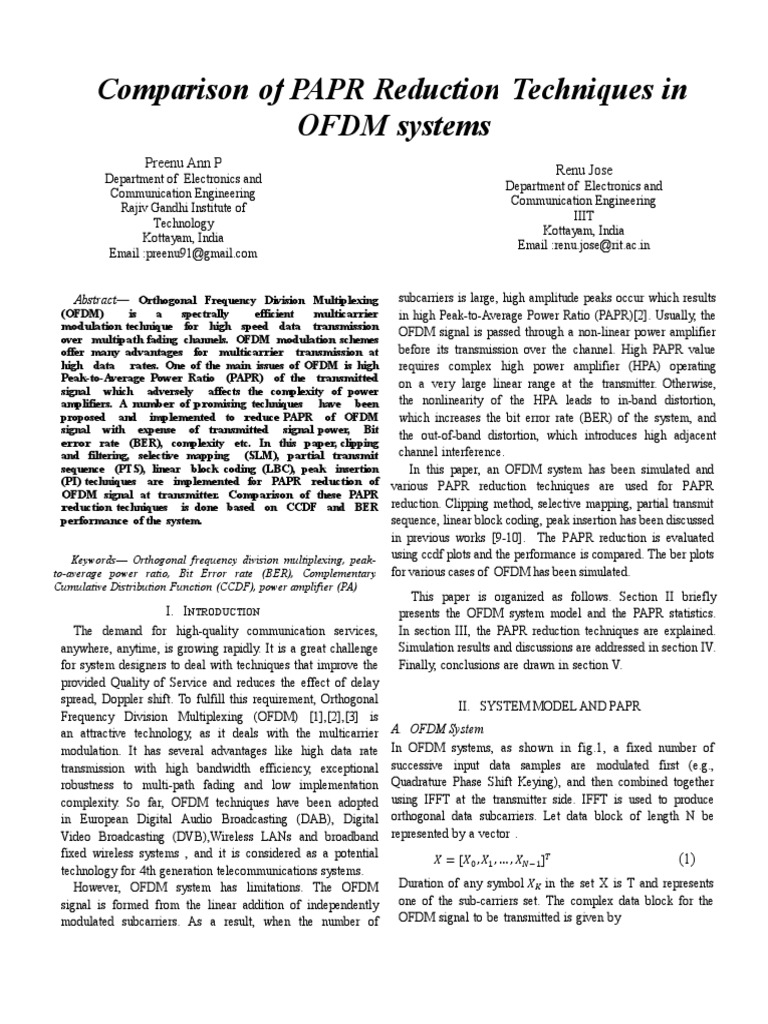 Comparison of PAPR Reduction OFDM Systems Techniques In: Preenu Ann P ...
