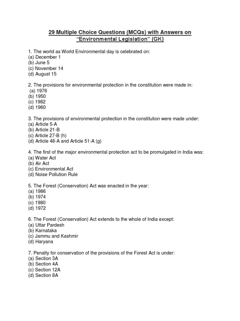 29 Multiple Choice Questions (Mcqs) With Answers On “Environmental