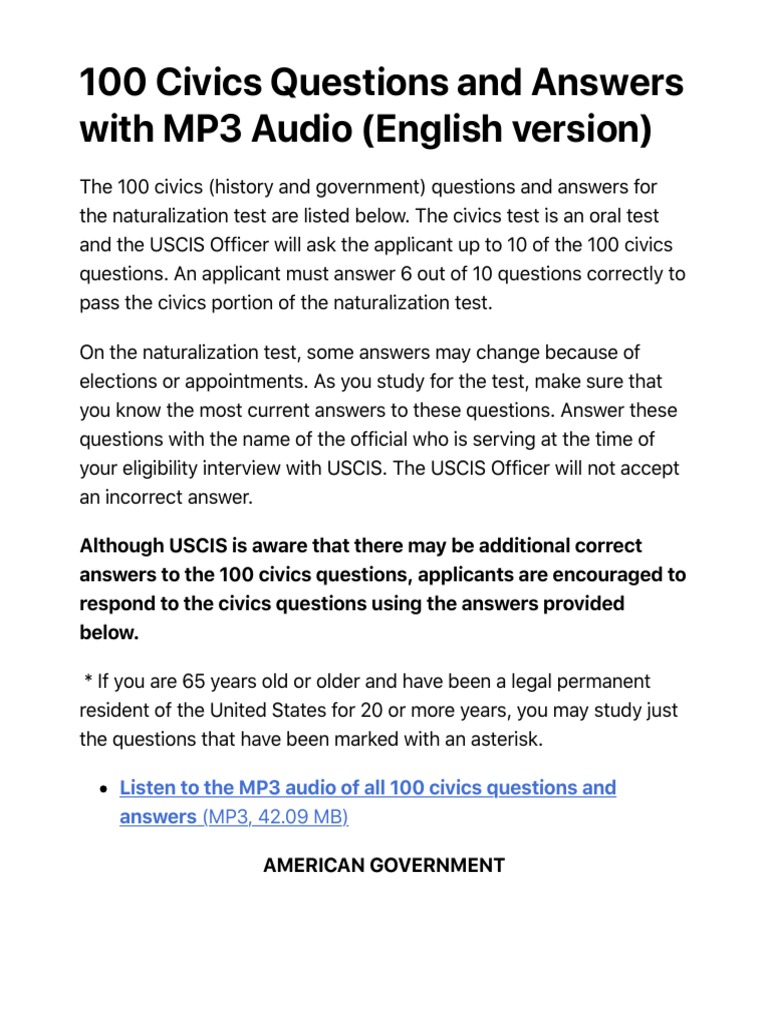 100 Civics Questions and Answers With MP3 Audio (English Version