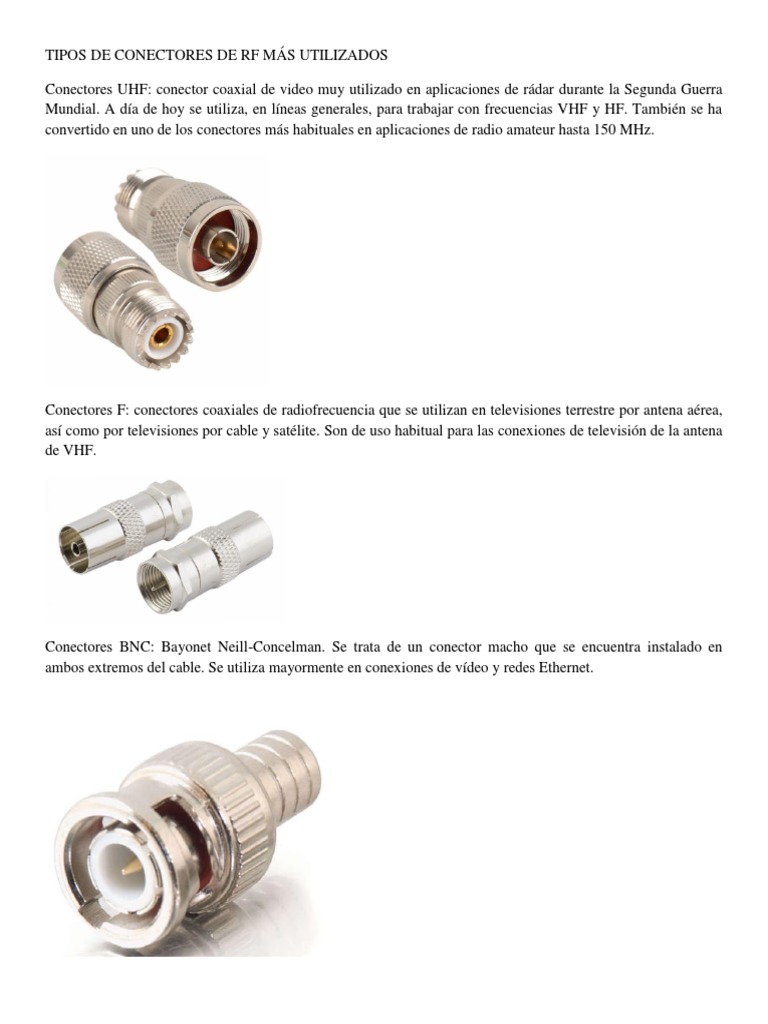 Tipos de Conectores Radio Frecuencia | PDF | Equipo de | Componentes eléctricos