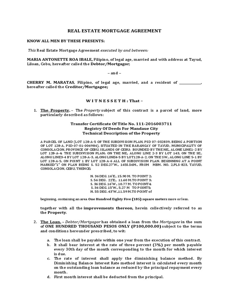 Real Estate Mortgage Agreement Mortgage Law Loans