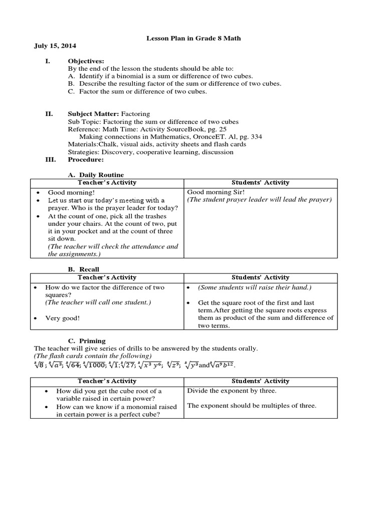 Detailed Lesson Plan in Mathematics | PDF | Lesson Plan | Factorization