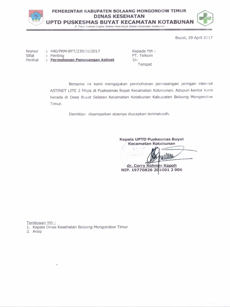 Surat Permohonan Pemasangan Astinet Di Puskesmas Buyat Pdf