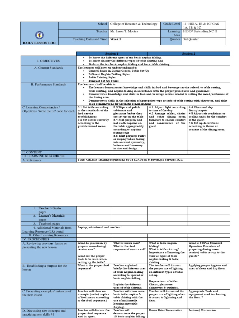 Heo3 Napkin Folding Table Skirting DLL Week 5 PDF Rubric (Academic
