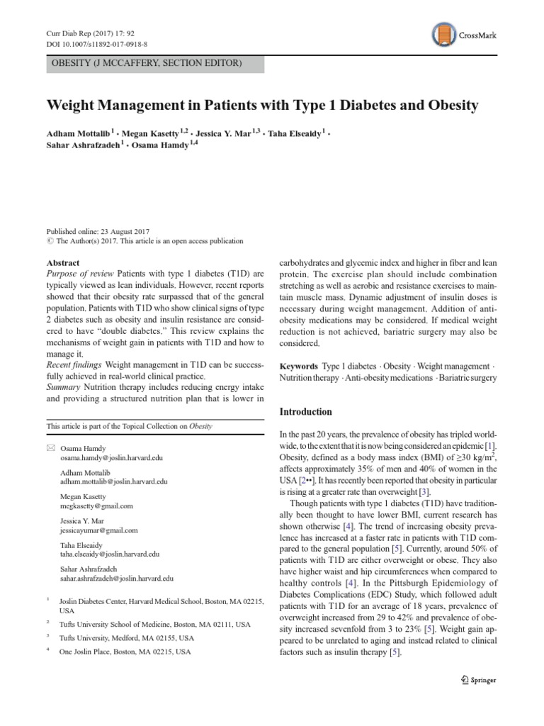 Weight Management in Patients With Type 1 Diabetes and Obesity PDF Diabetes Mellitus Type 2