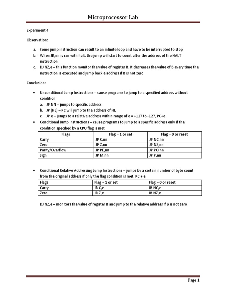 Microprocessor Lab Flags Flag 1 or Set Flag 0 or Reset PDF Central