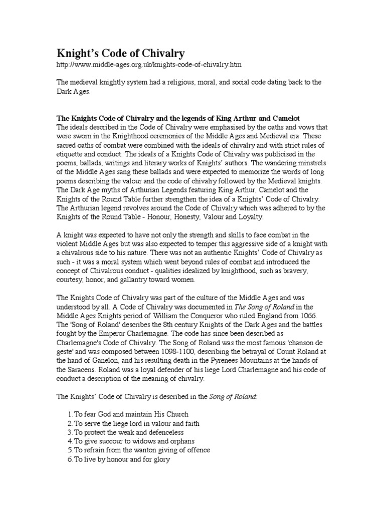 8th Grade Knights Code of Chivalry | PDF | Chivalry | Warrior Code